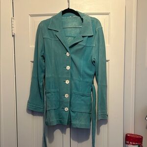 Vintage Lilly Pulitzer Suede Teal Trench Coat with Button Accents